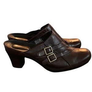 Clarks•Dark Brown Leather Double Buckle Mule Clogs